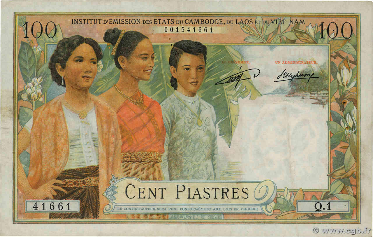 100 Piastres - 100 Riels FRENCH INDOCHINA  1954 P.103 VF