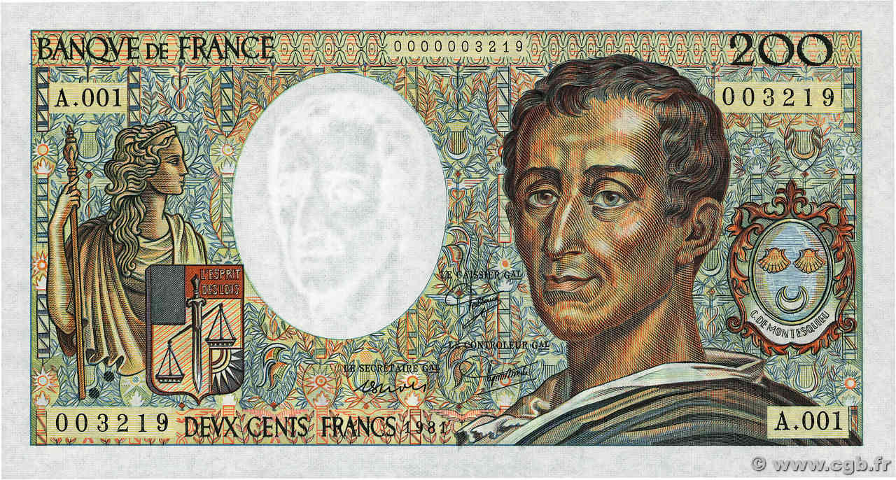 200 Francs MONTESQUIEU Petit numéro FRANCE  1981 F.70.01A1 pr.NEUF