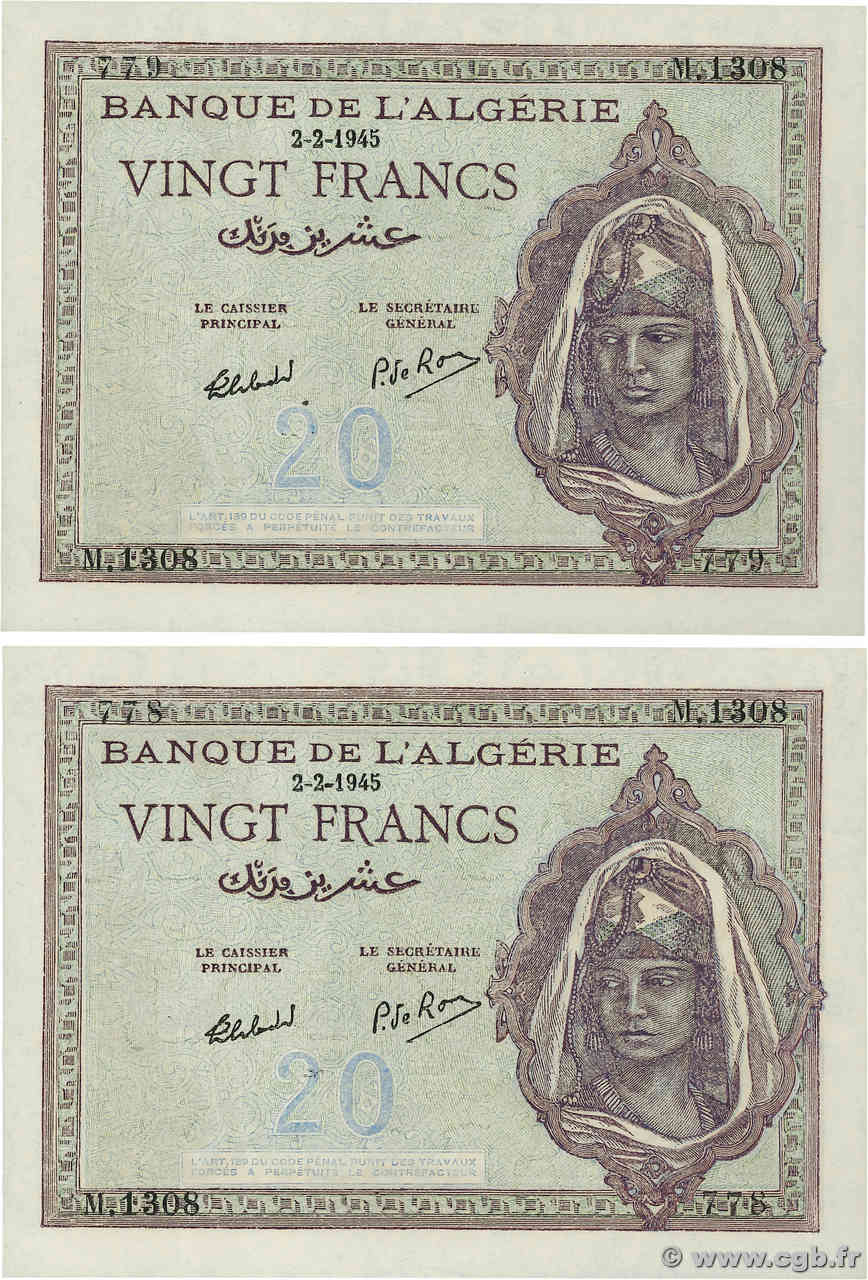 20 Francs Consécutifs ALGÉRIE  1945 P.092b NEUF