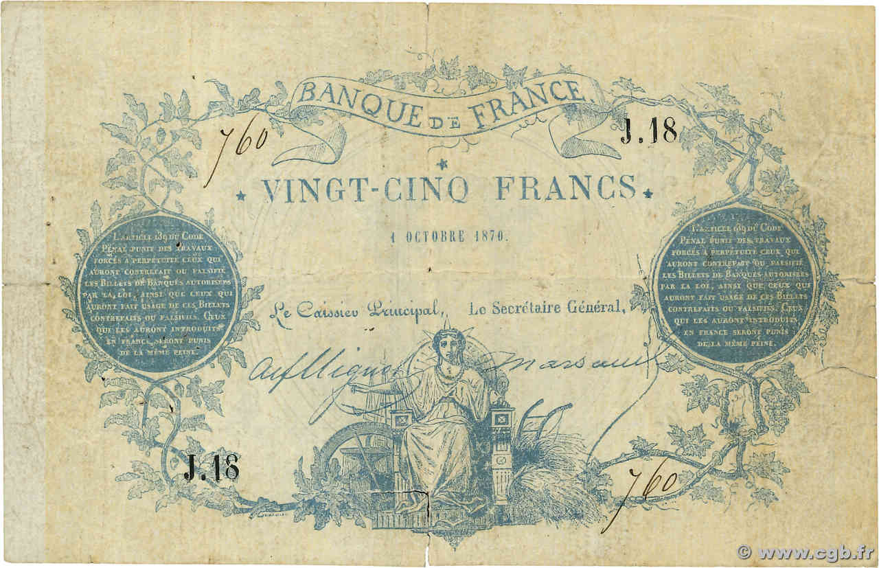 25 Francs type 1870 - Clermont-Ferrand Faux FRANCIA  1870 F.A44.01x BC+