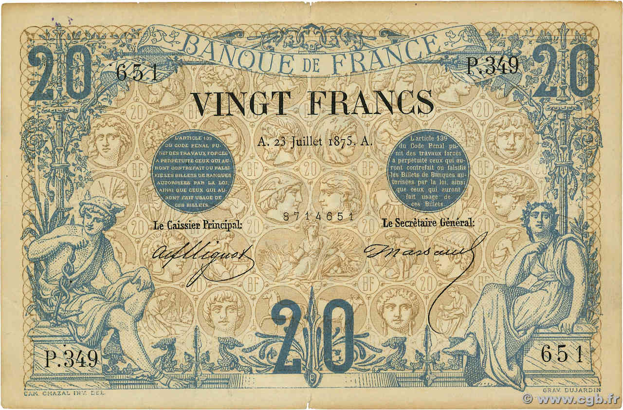 20 Francs NOIR FRANCE  1875 F.09.02 TTB