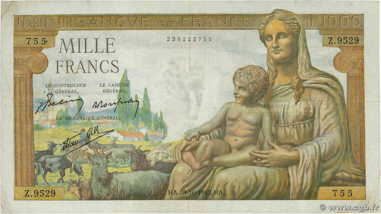 1000 Francs DÉESSE DÉMÉTER FRANCE  1943 F.40.38 F+