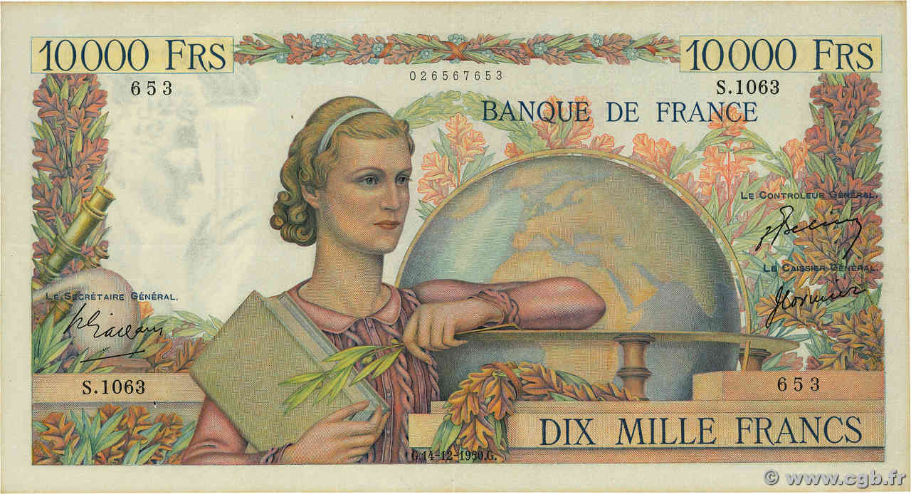 10000 Francs GÉNIE FRANÇAIS FRANCIA  1950 F.50.45 MBC+
