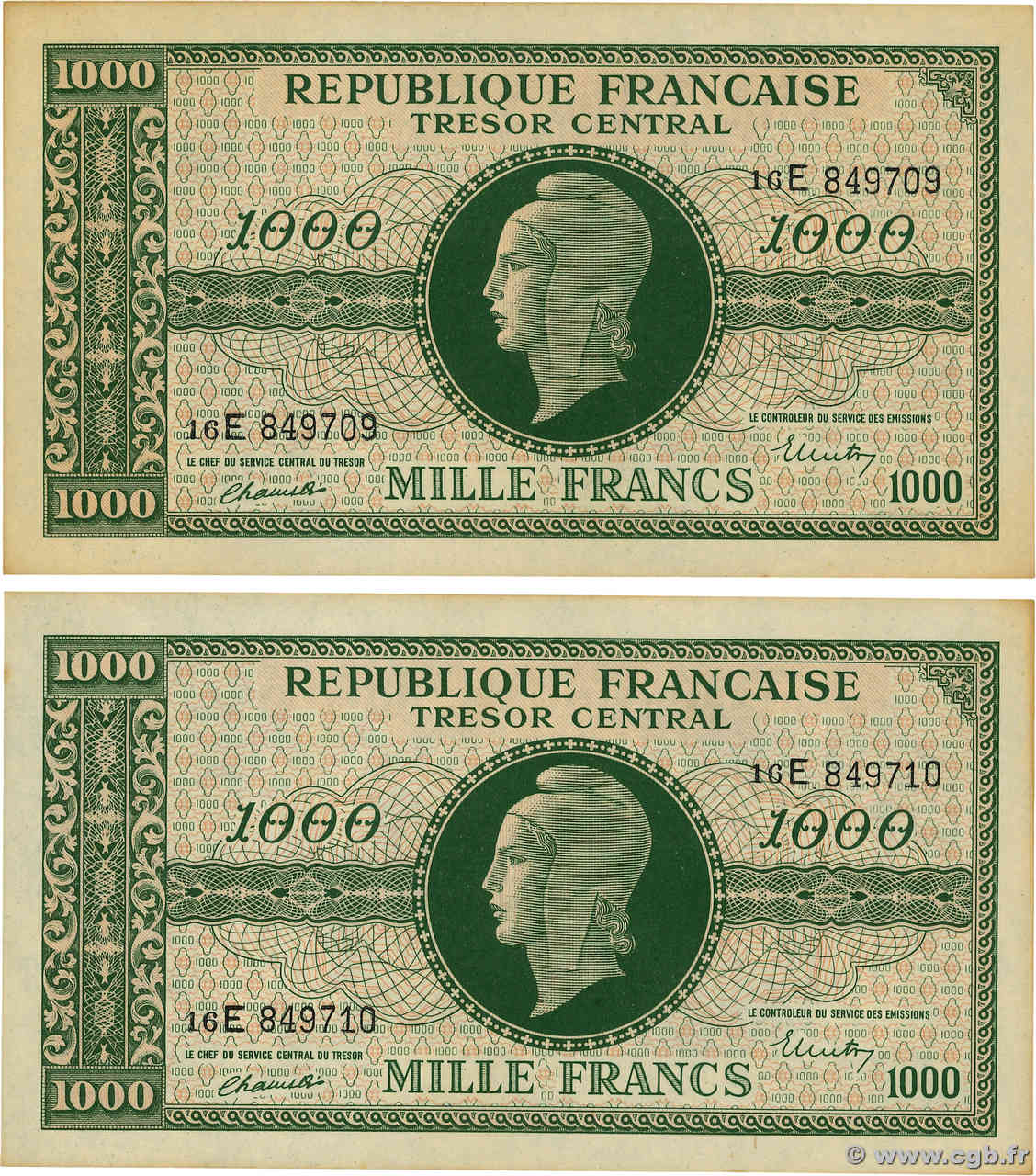 1000 Francs MARIANNE THOMAS DE LA RUE Consécutifs FRANCE  1945 VF.13.02 pr.NEUF