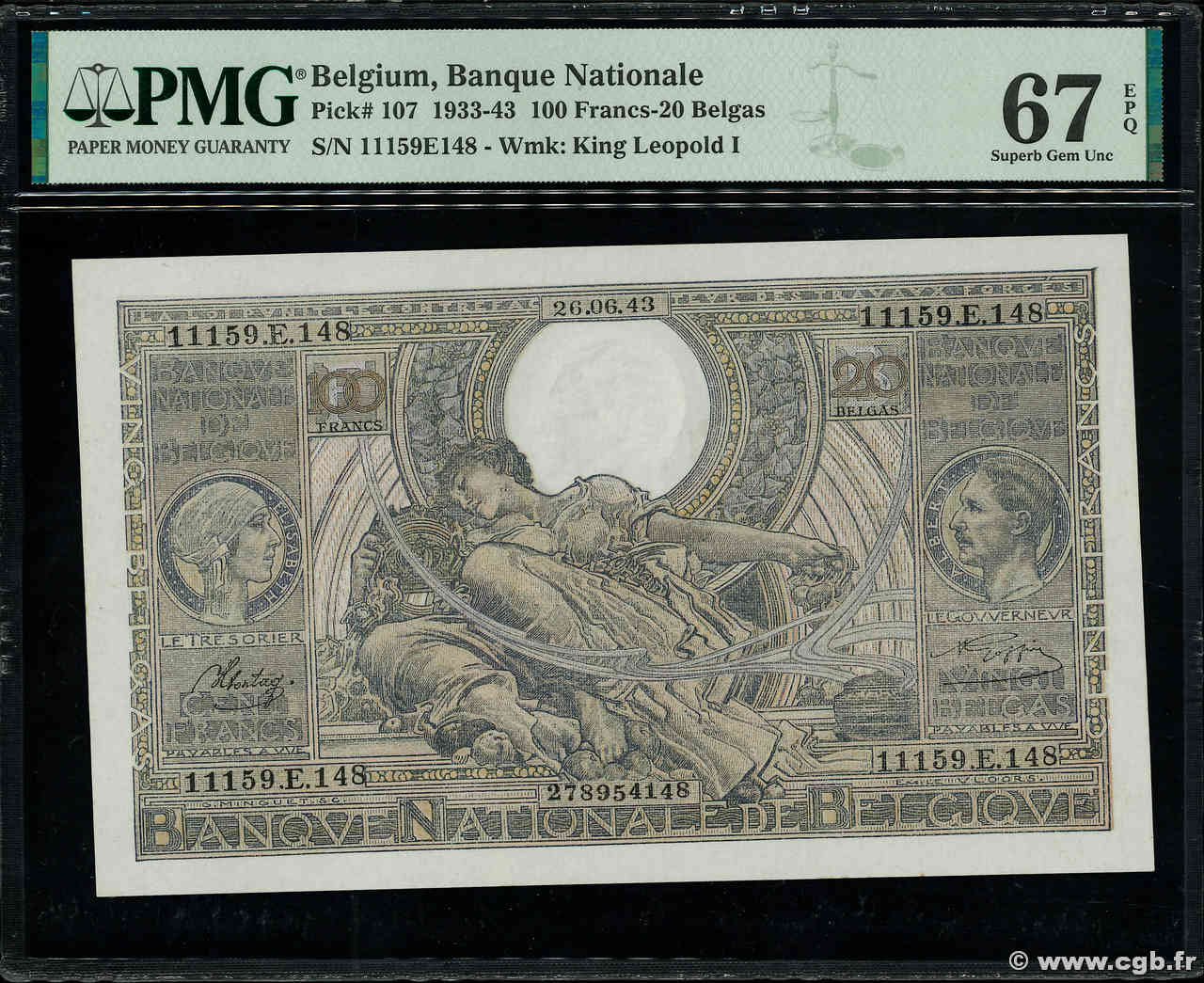 100 Francs - 20 Belgas BELGIUM  1943 P.107 UNC