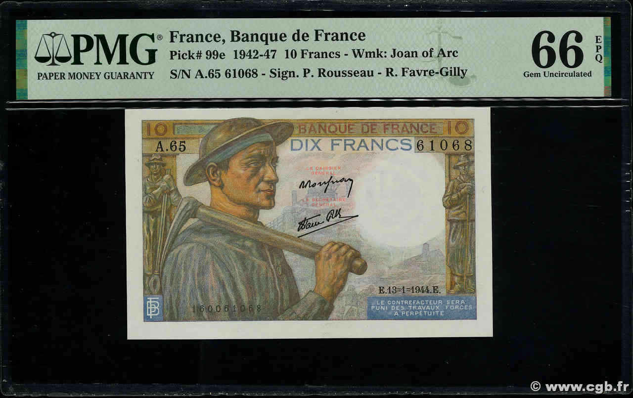 10 Francs MINEUR FRANCIA  1944 F.08.10 FDC