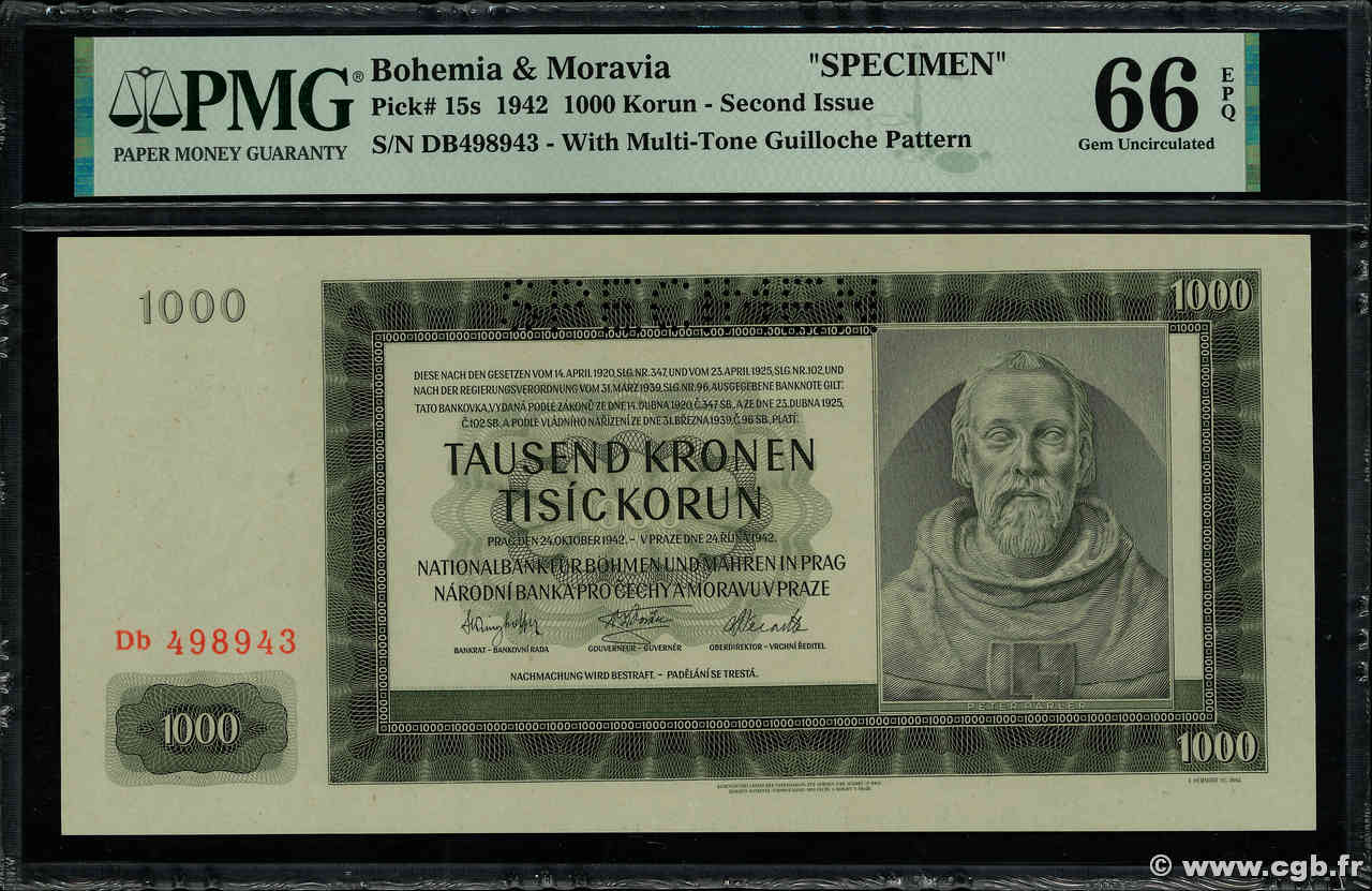 1000 Korun Spécimen BOHEMIA & MORAVIA  1942 P.15s UNC