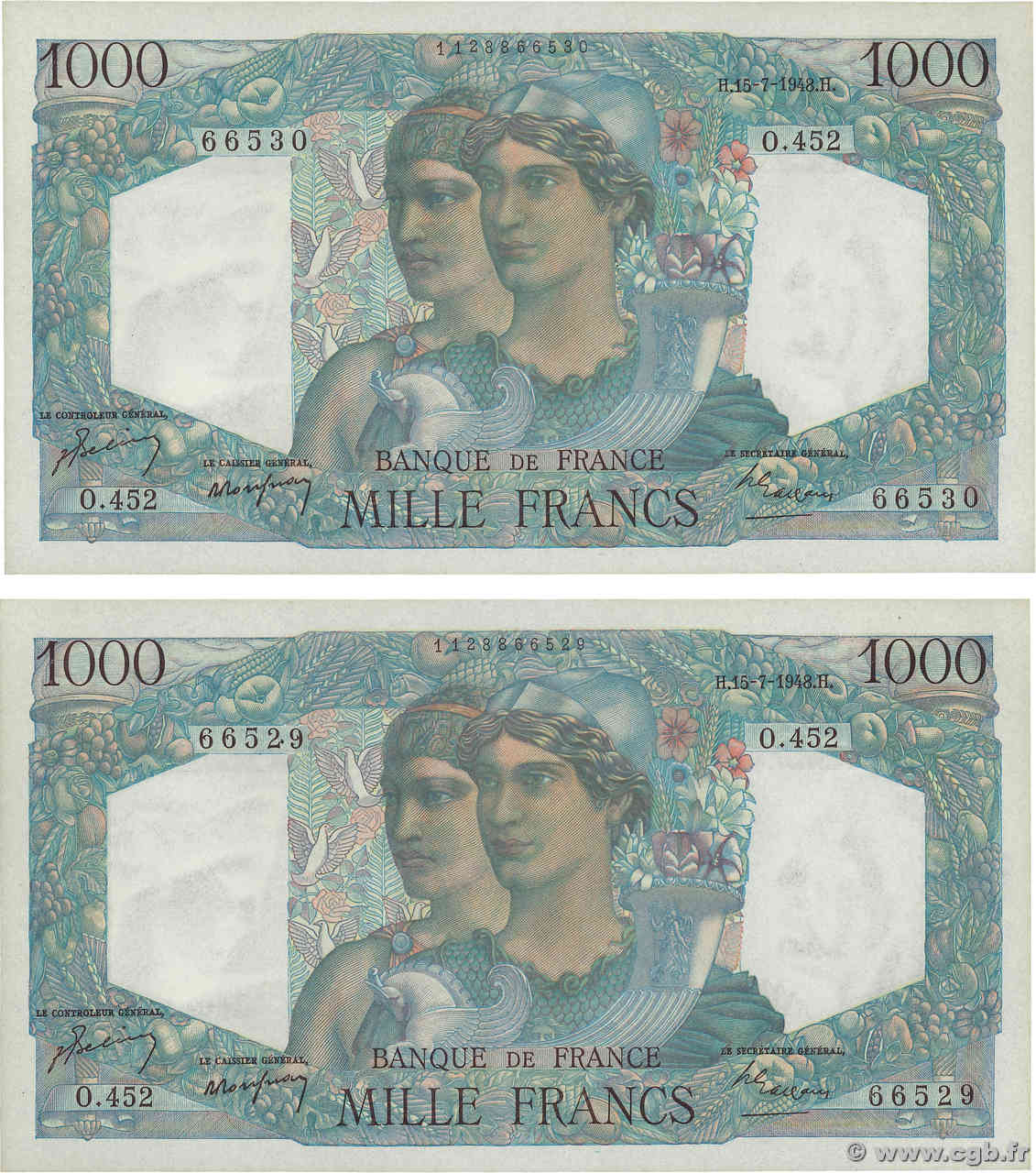 1000 Francs MINERVE ET HERCULE Consécutifs FRANCE  1948 F.41.22 UNC