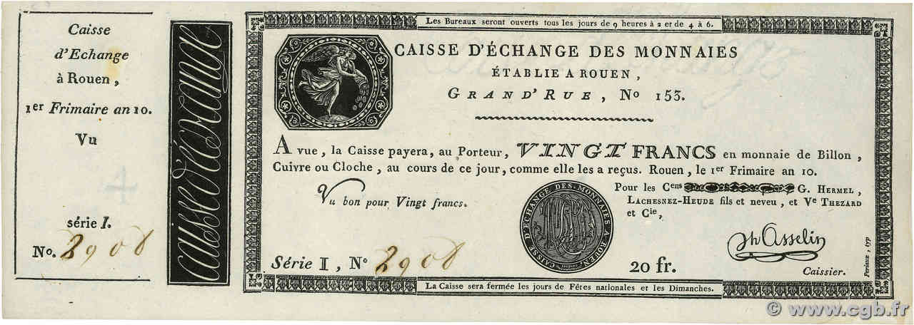 20 Francs FRANCIA Rouen 1803 PS.245b q.FDC