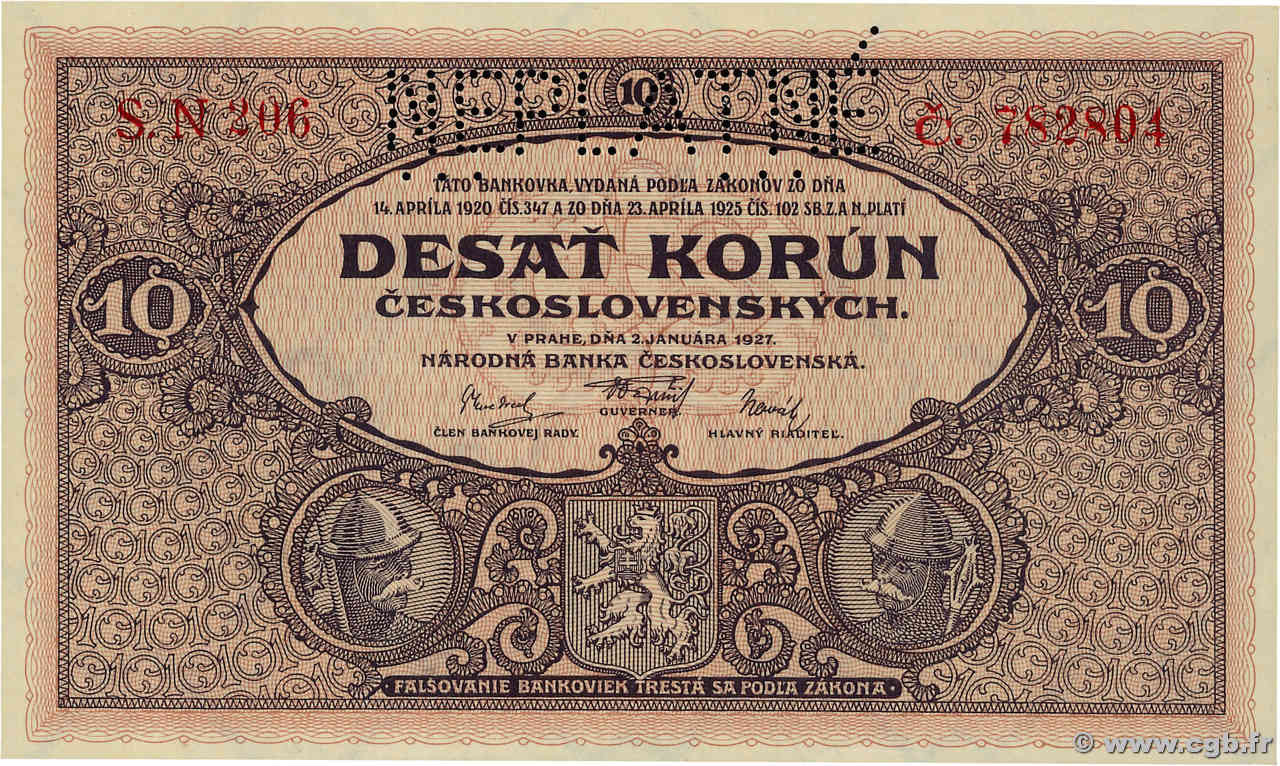 10 Korun Spécimen TSCHECHOSLOWAKEI  1927 P.020s ST