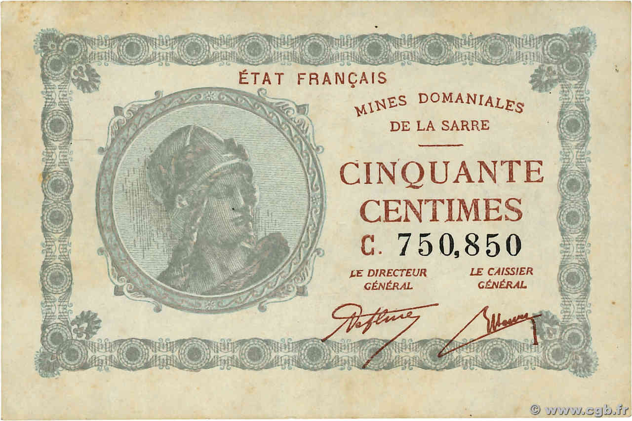 50 Centimes MINES DOMANIALES DE LA SARRE FRANCE  1920 VF.50.03 SUP+