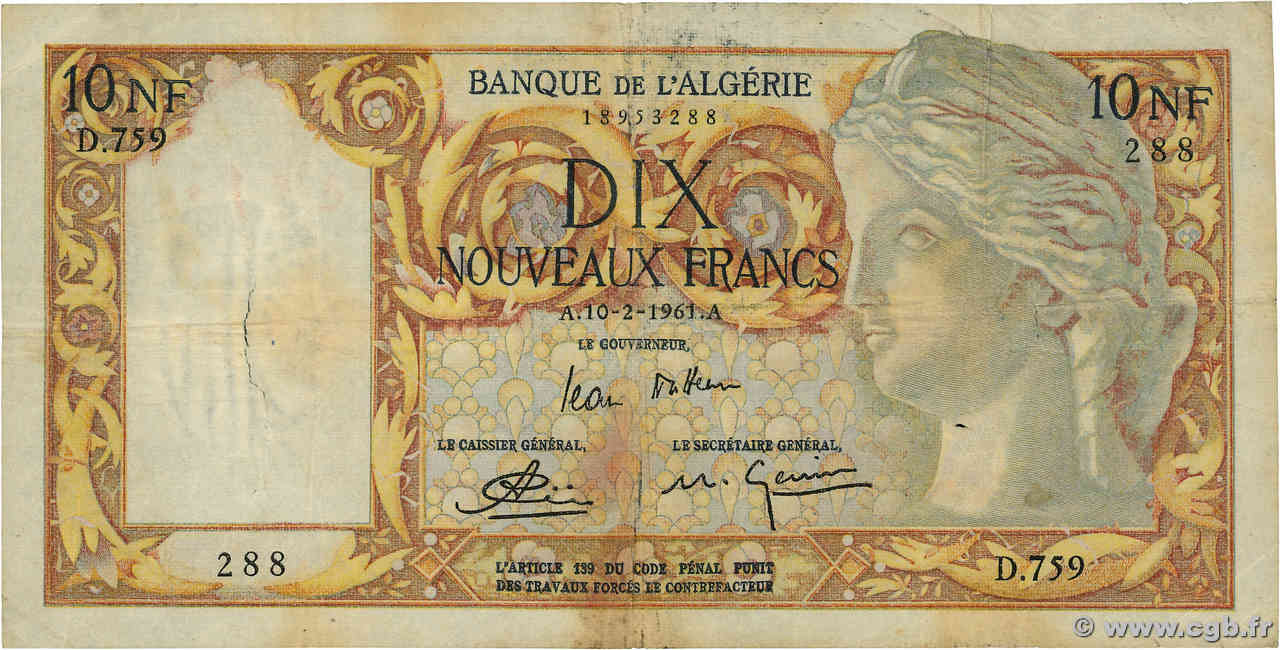 10 Nouveaux Francs ALGÉRIE  1961 P.119 B