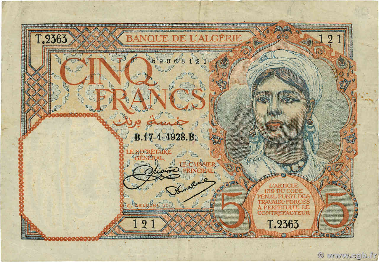 5 Francs ALGÉRIE  1928 P.077 TTB