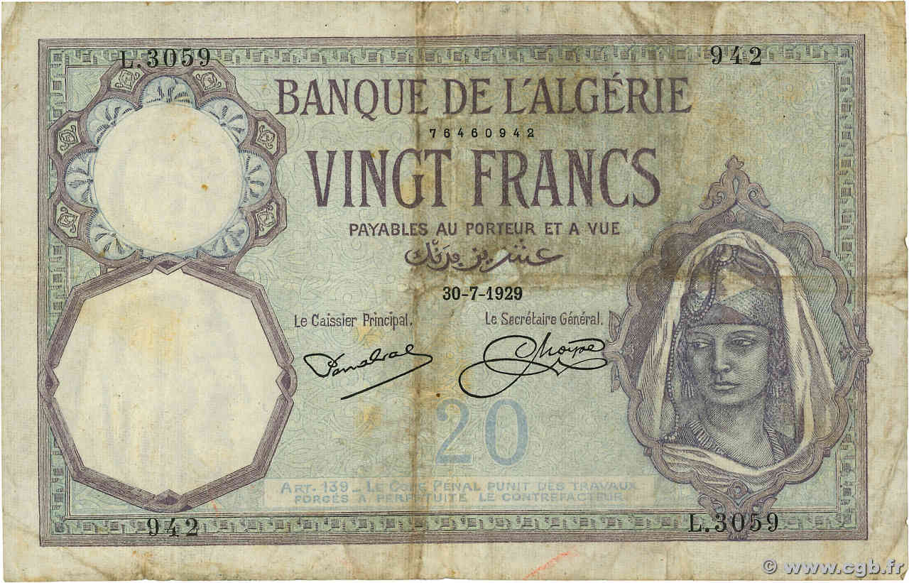 20 Francs ALGERIA  1929 P.078b VG