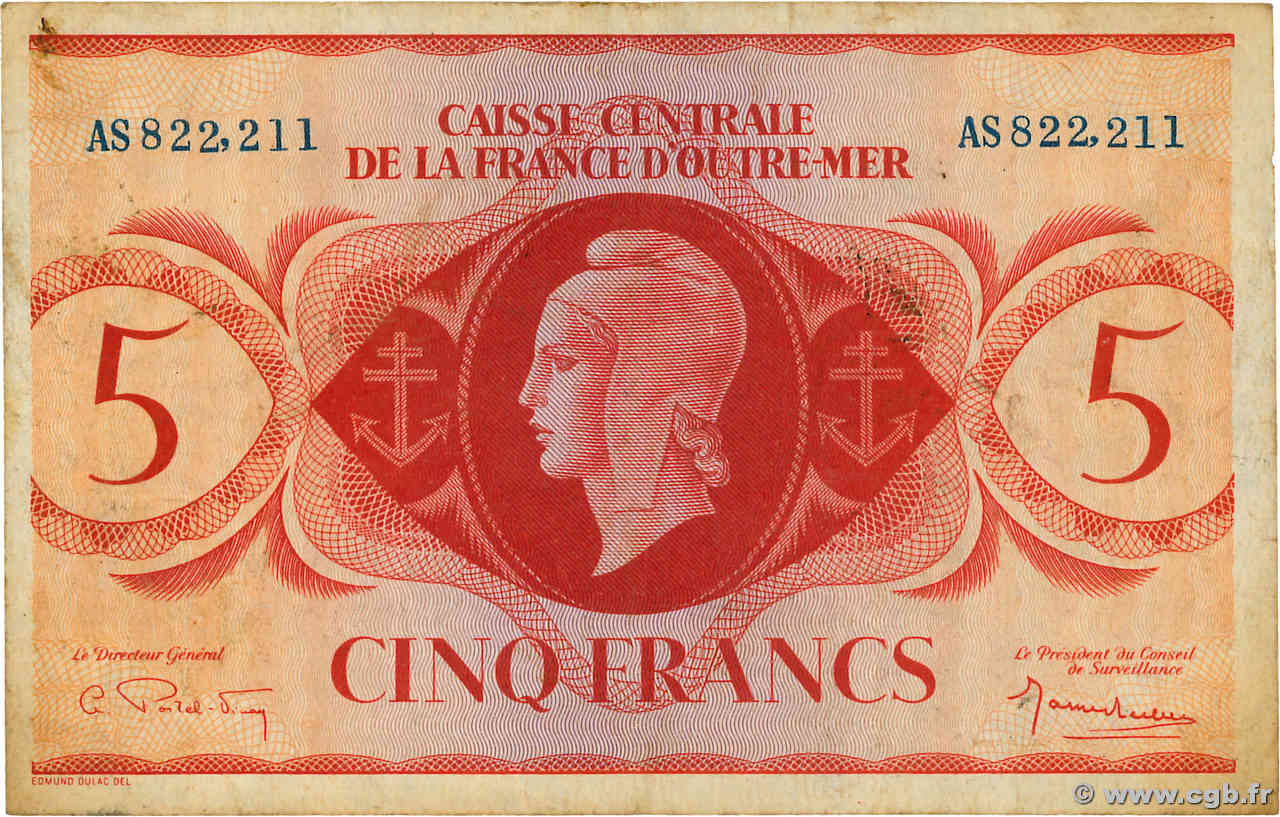 5 Francs Marianne CCFOM AFRIQUE ÉQUATORIALE FRANÇAISE  1944 A.124f TTB