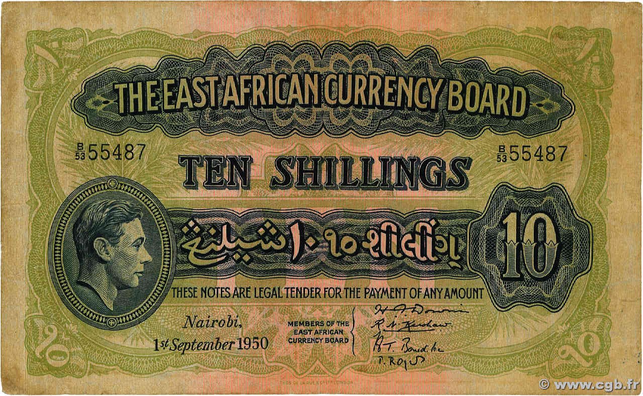 10 Shillings ÁFRICA ORIENTAL BRITÁNICA  1950 P.29b BC