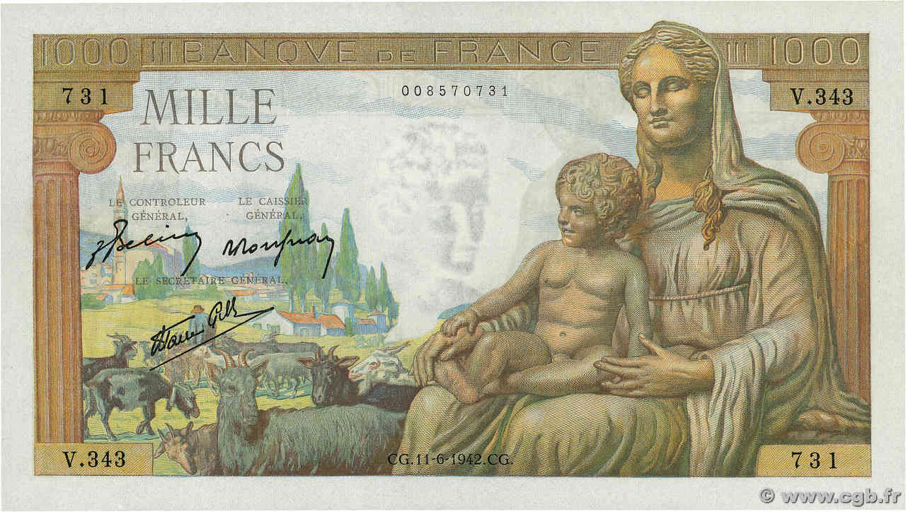 1000 Francs DÉESSE DÉMÉTER FRANCIA  1942 F.40.02 FDC