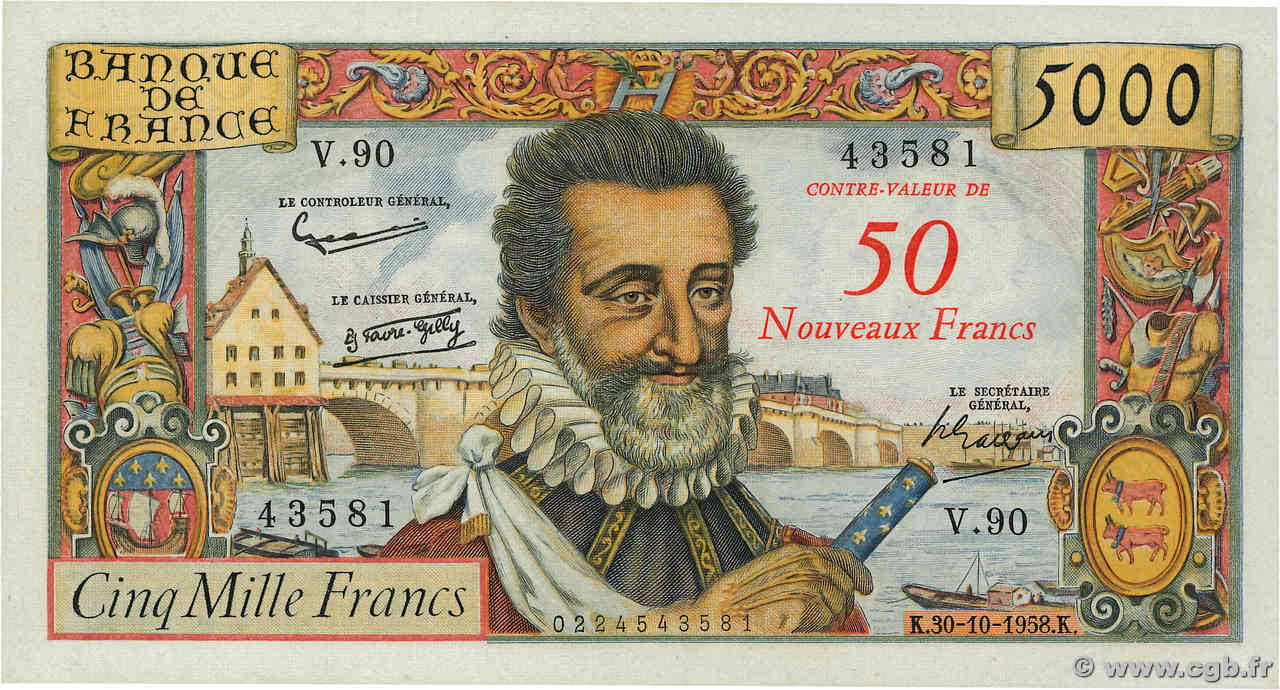 50 NF sur 5000 Francs HENRI IV FRANKREICH  1958 F.54.01 fVZ