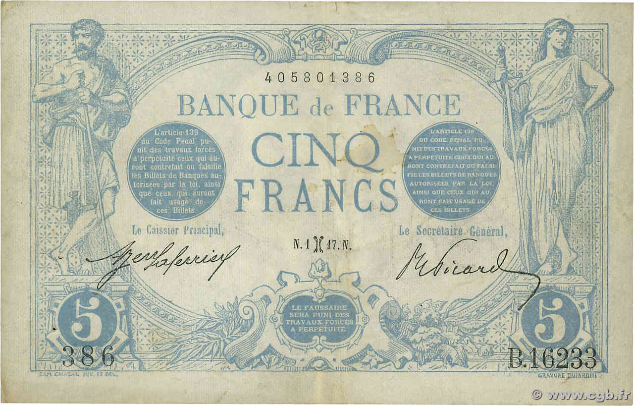 5 Francs BLEU FRANKREICH  1917 F.02.48 SS