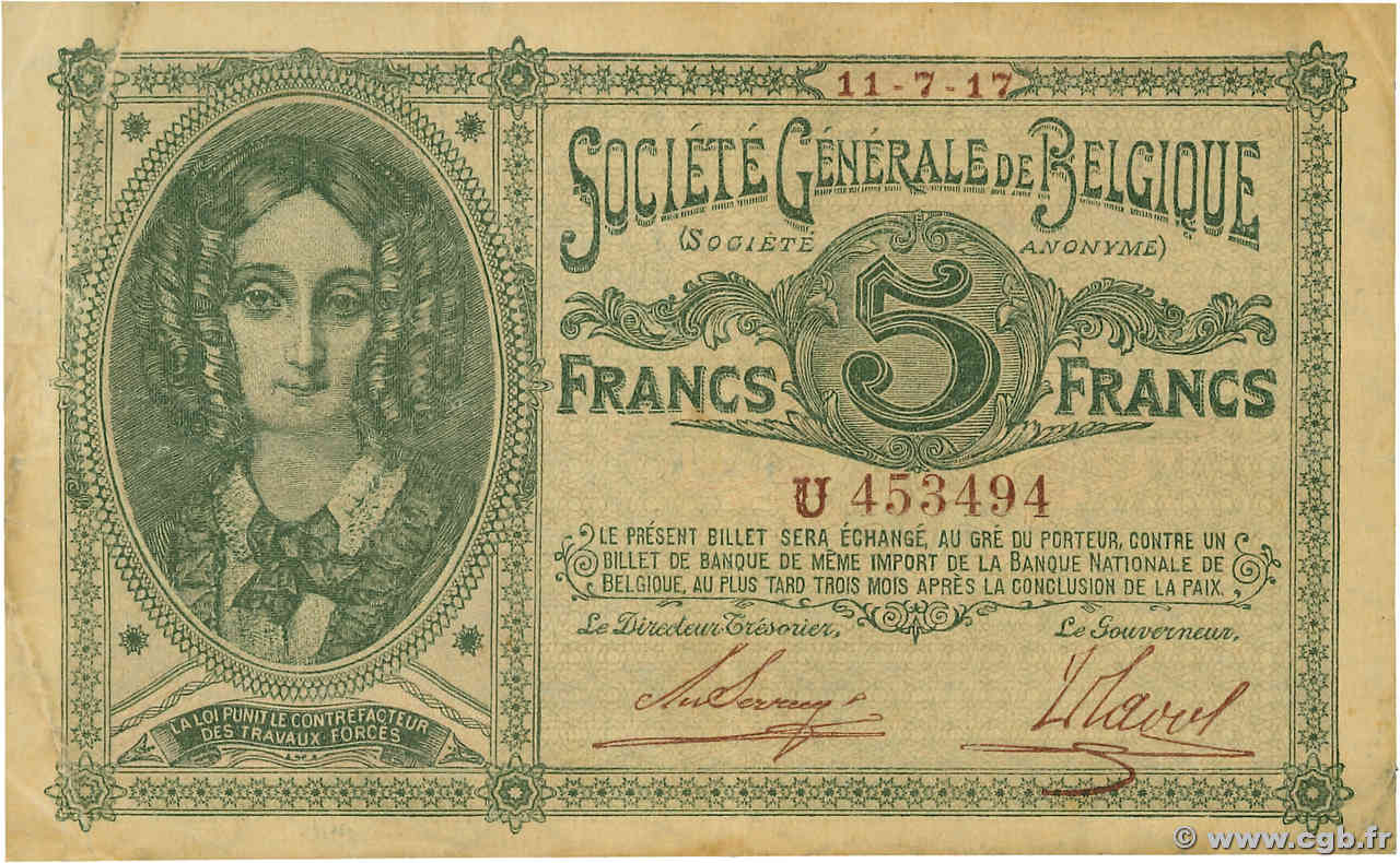 5 Francs BÉLGICA  1917 P.088 MBC+