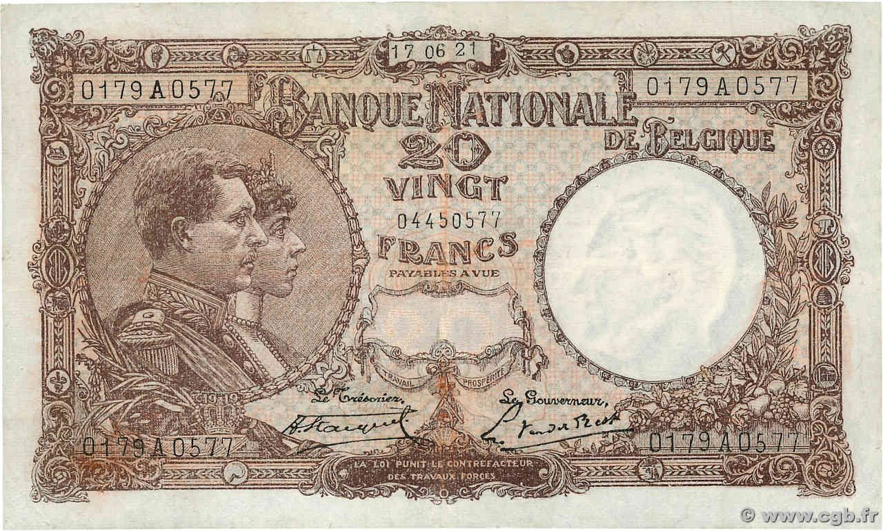 20 Francs BELGIEN  1921 P.094 fVZ