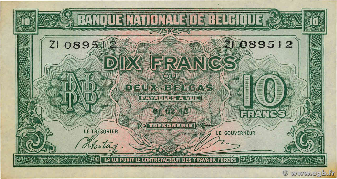 10 Francs - 2 Belgas BELGIUM  1943 P.122 XF+