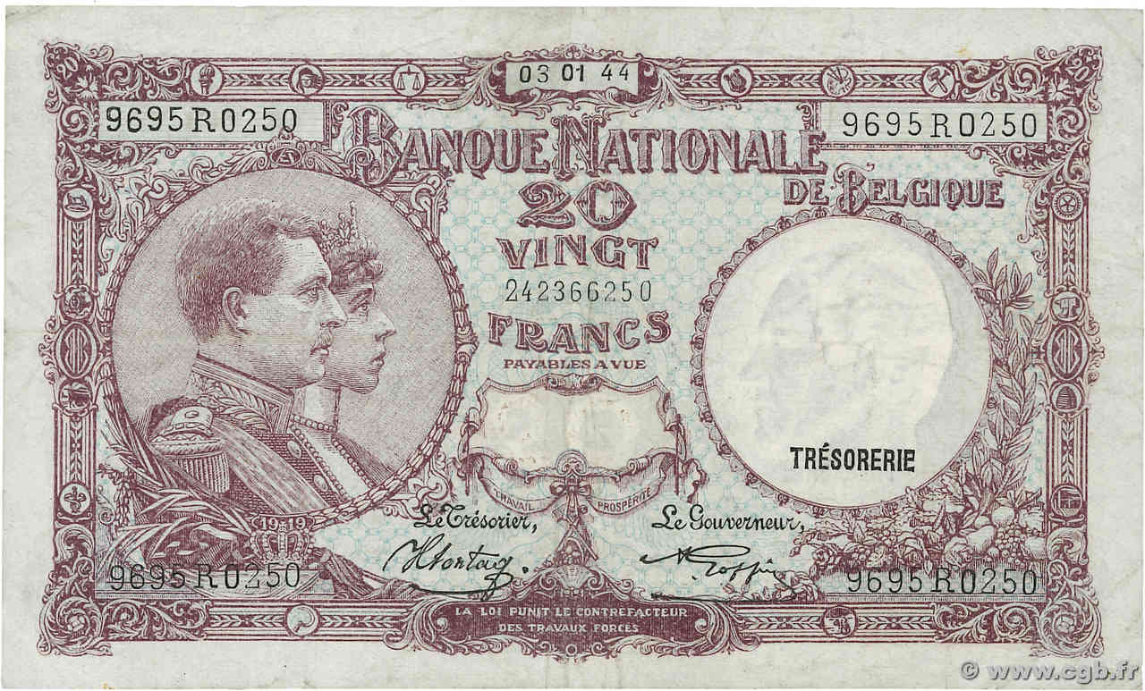 20 Francs BELGIEN  1944 P.111 fVZ