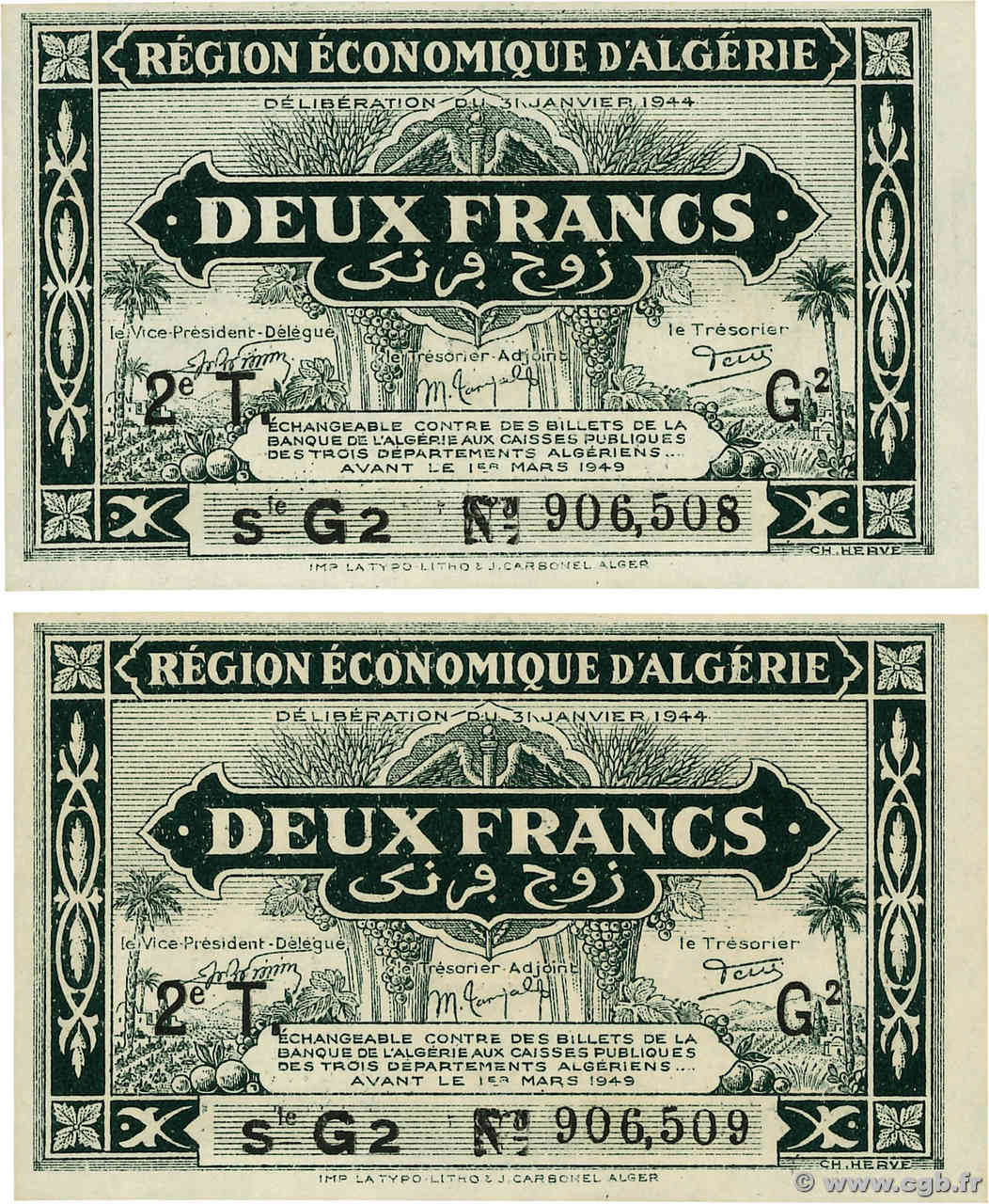2 Francs Consécutifs ALGERIEN  1944 P.102 ST