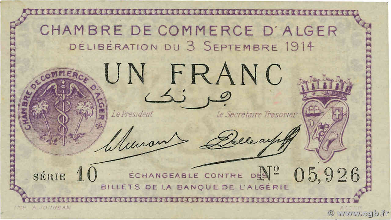 1 Franc ARGELIA Alger 1914 JP.137.01 SC
