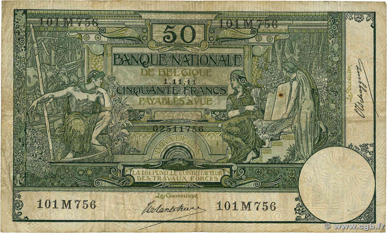 50 Francs BELGIUM  1911 P.068a F