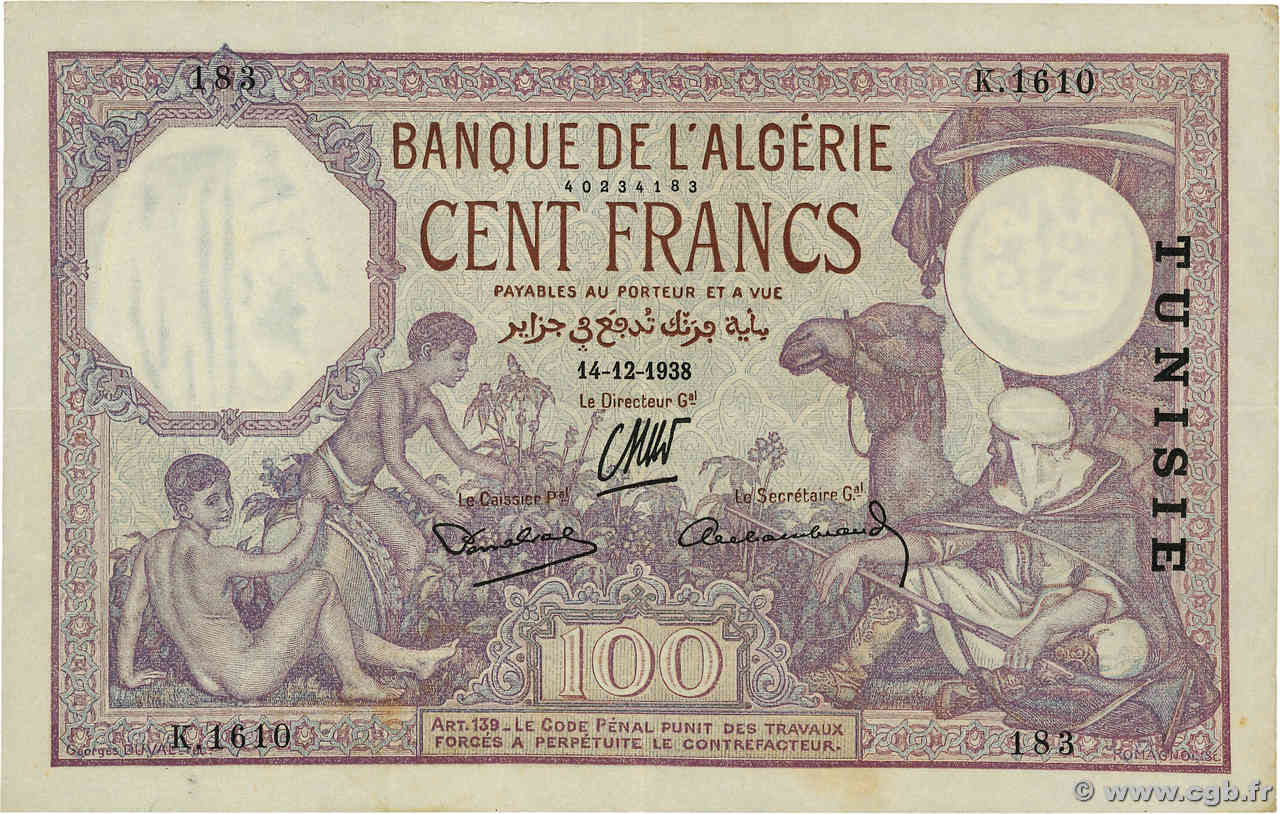 100 Francs TUNISIE  1938 P.10c TTB