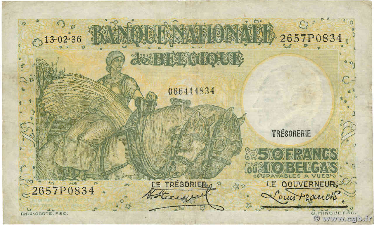 50 Francs - 10 Belgas BELGIO  1936 P.106 BB