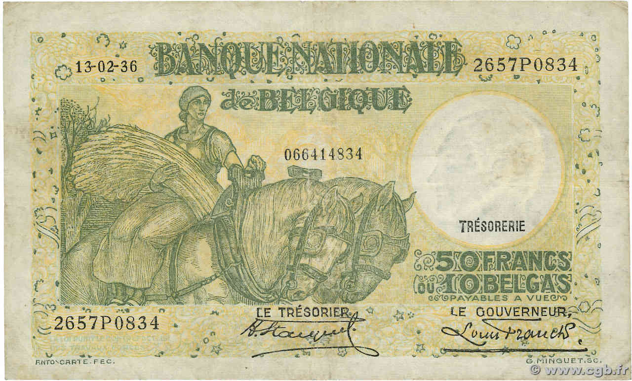 50 Francs - 10 Belgas BÉLGICA  1936 P.106 MBC