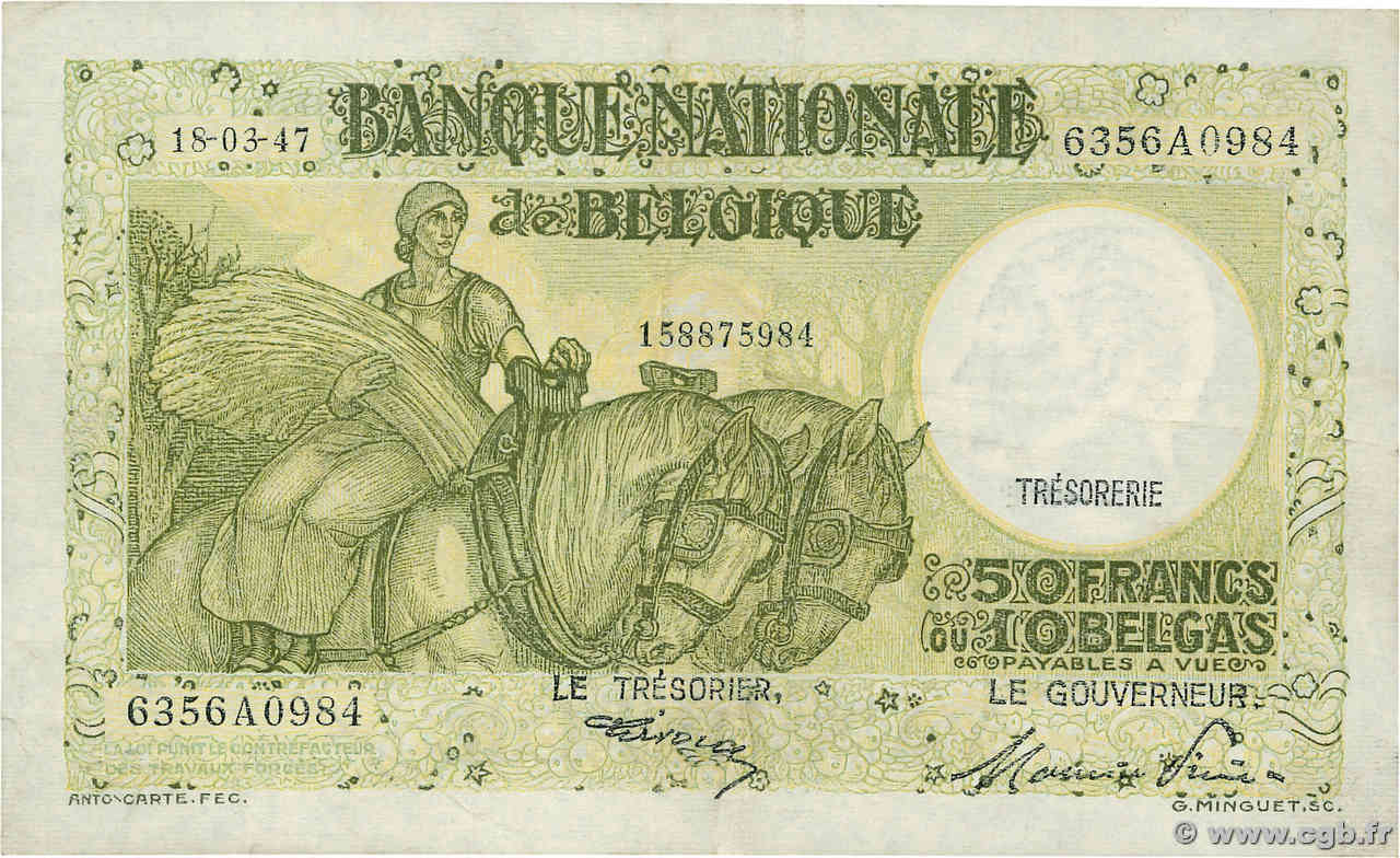 50 Francs - 10 Belgas BELGIEN  1947 P.106 fVZ