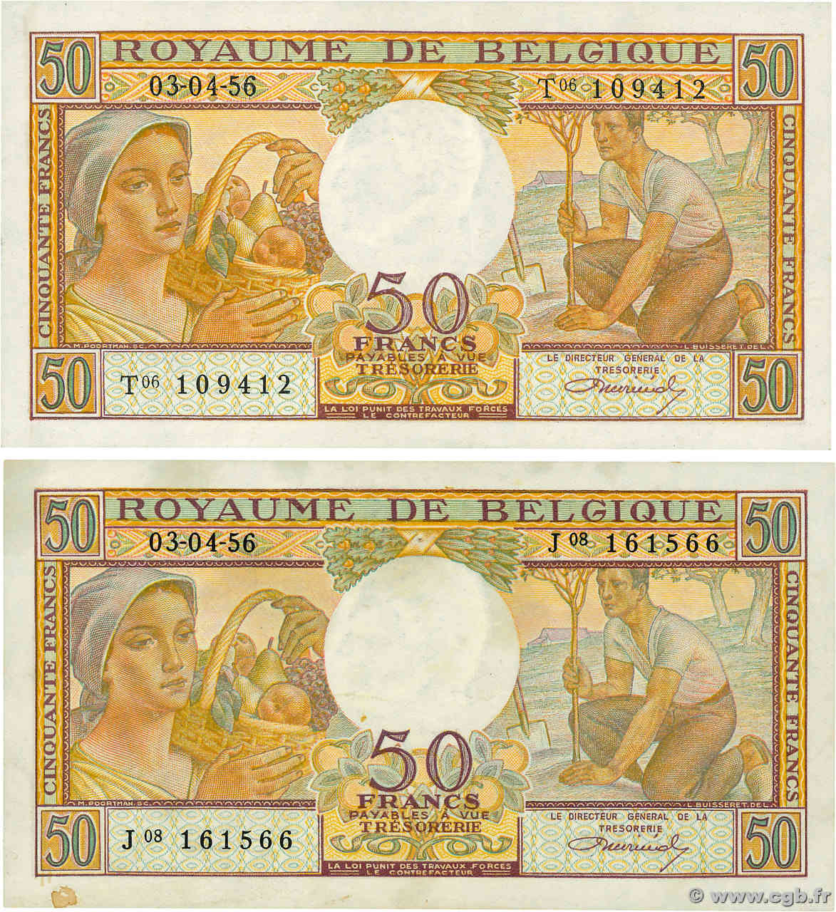 50 Francs Lot BELGIUM  1956 P.133b XF+