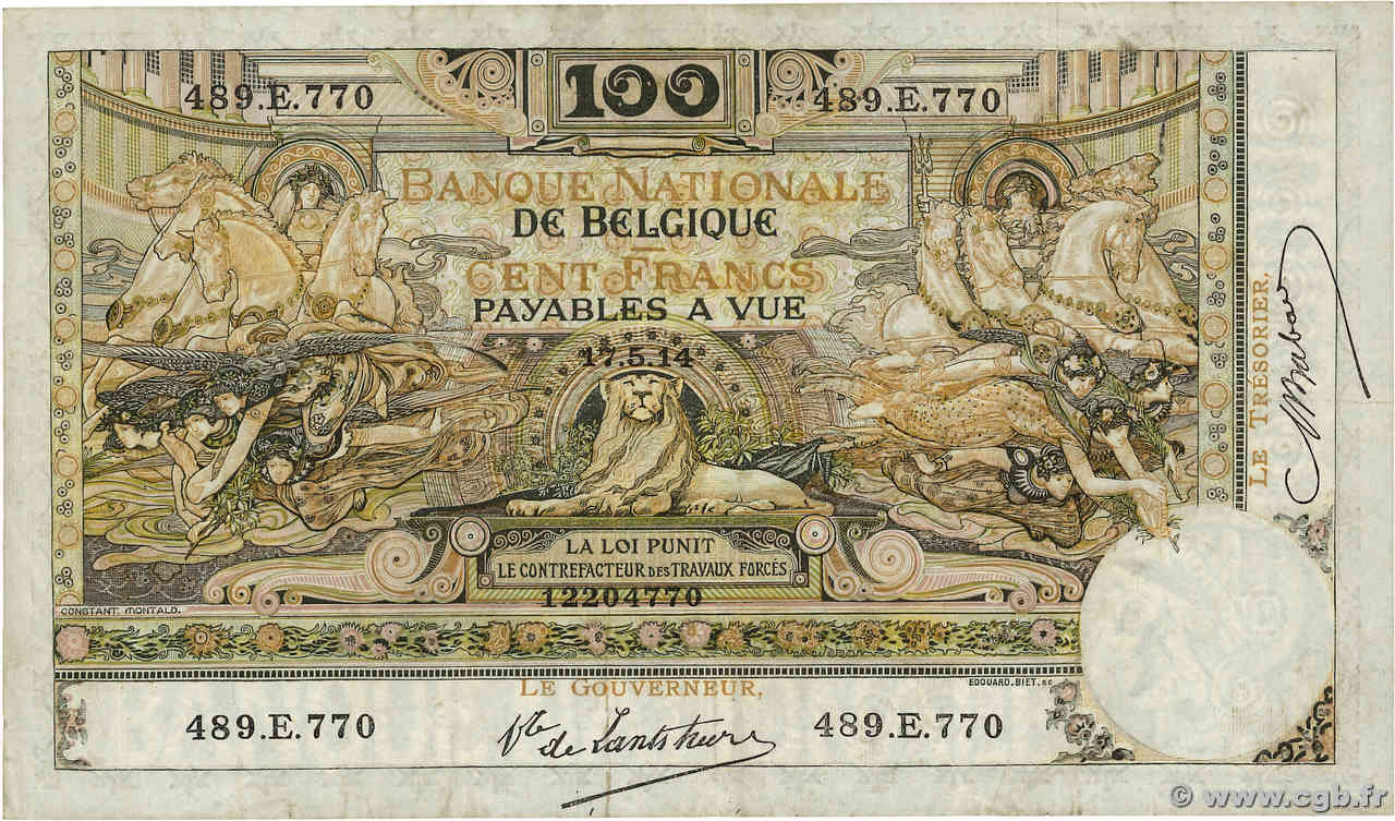 100 Francs BELGIUM  1914 P.071 VF