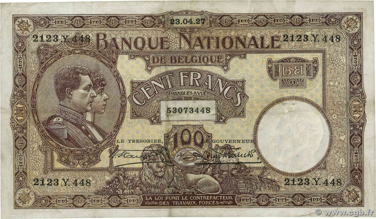 100 Francs BELGIUM  1927 P.095 VF