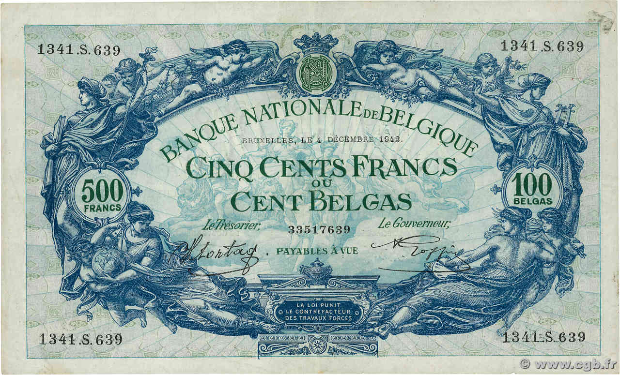 500 Francs - 100 Belgas BELGIEN  1942 P.109 VZ