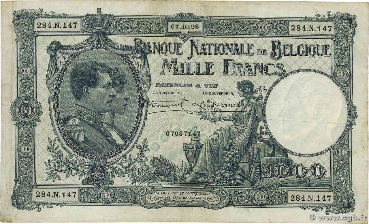 1000 Francs BELGIQUE  1926 P.096 TB+