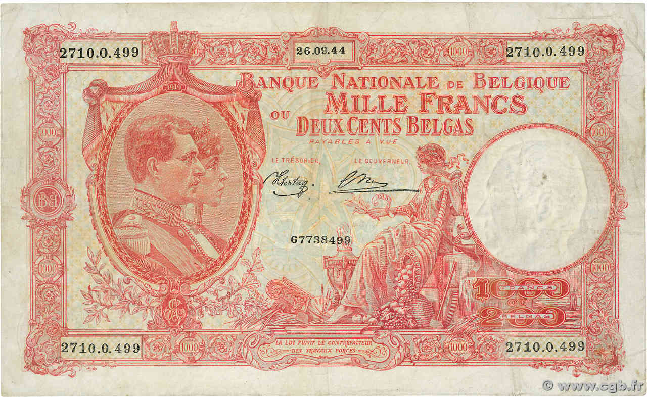 1000 Francs - 200 Belgas BÉLGICA  1944 P.115 BC+