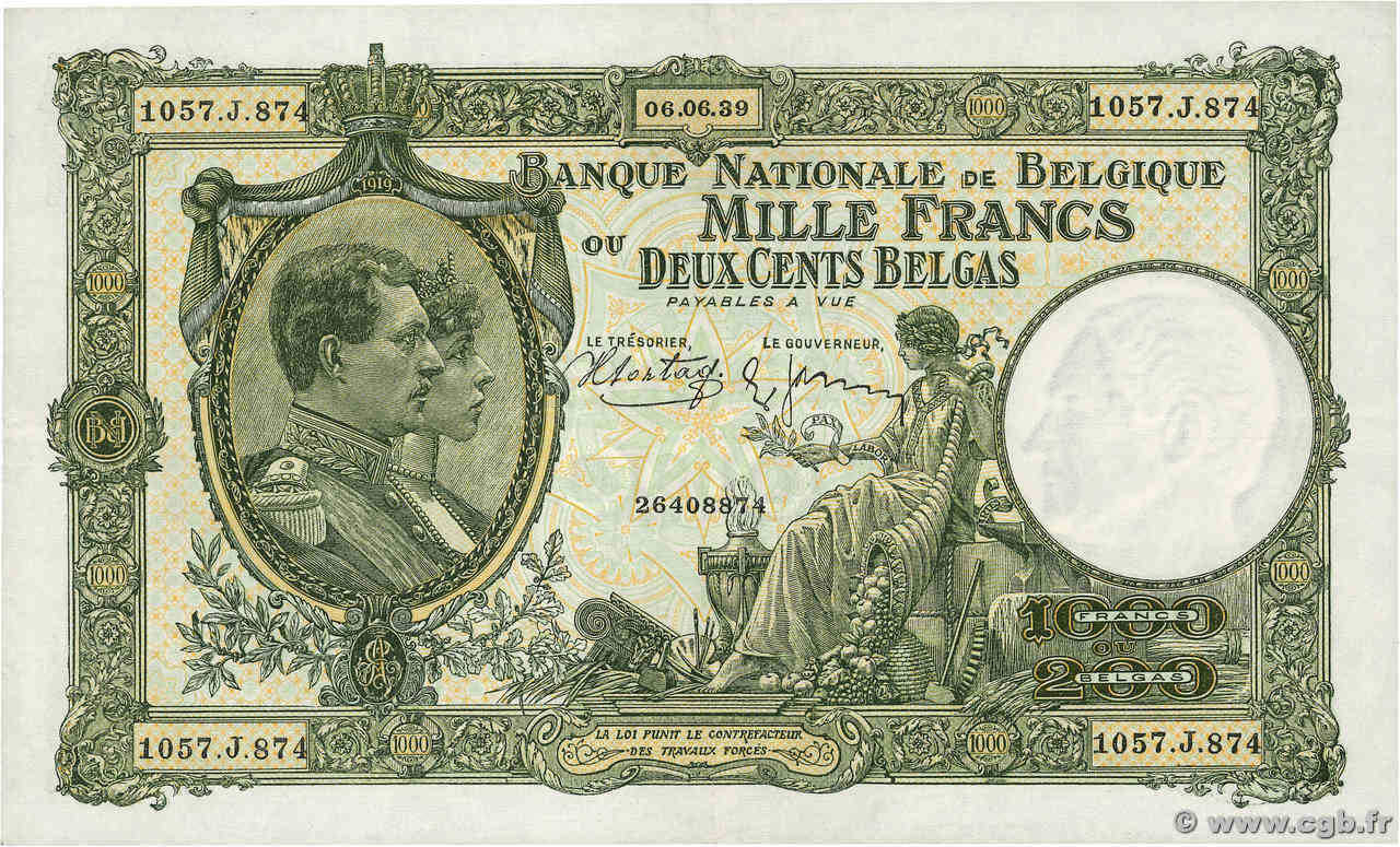 1000 Francs - 200 Belgas BÉLGICA  1939 P.104 MBC+