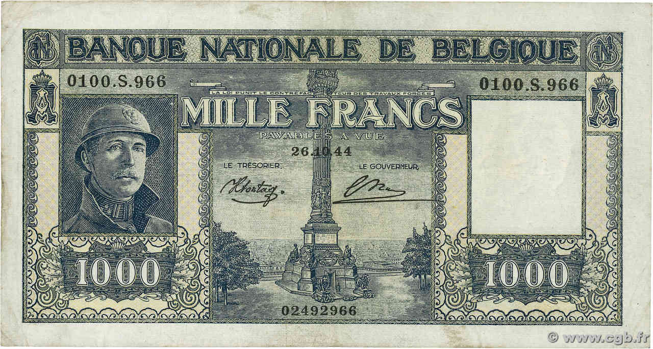 1000 Francs - 200 Belgas BELGIO  1944 P.128a q.BB