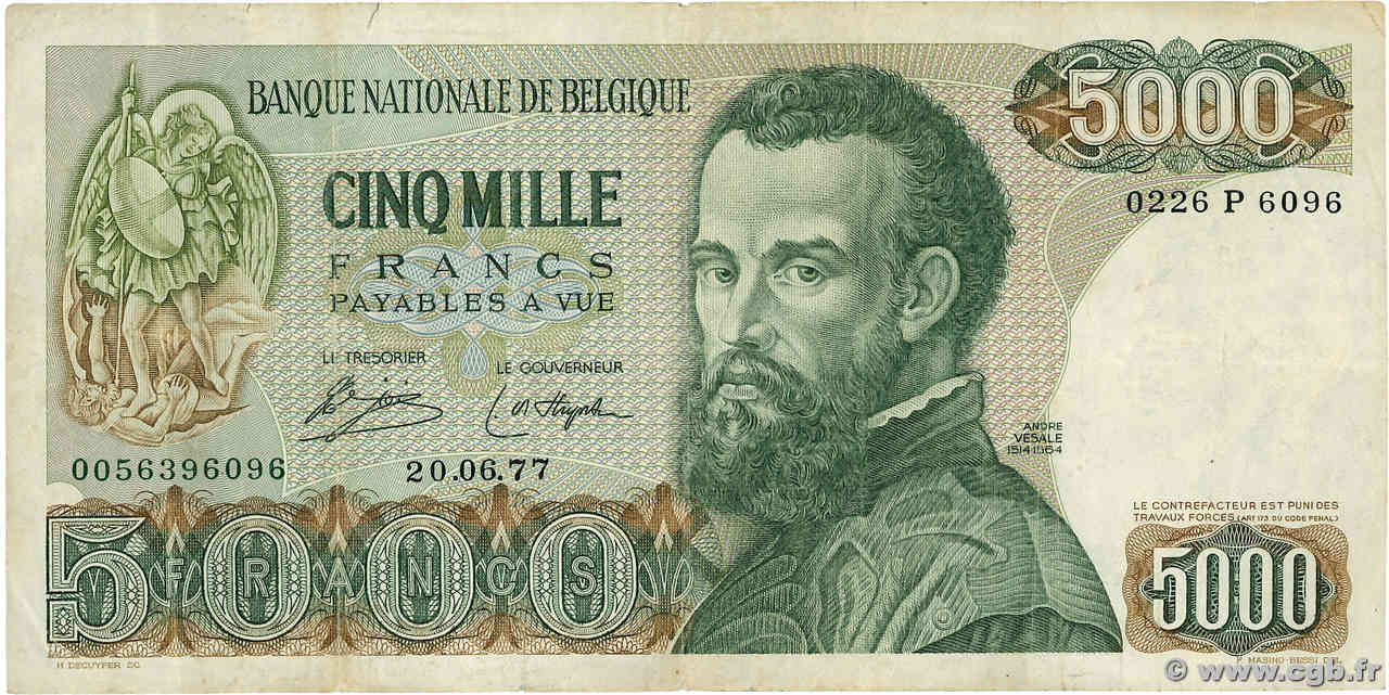5000 Francs BELGIEN  1977 P.137a fSS