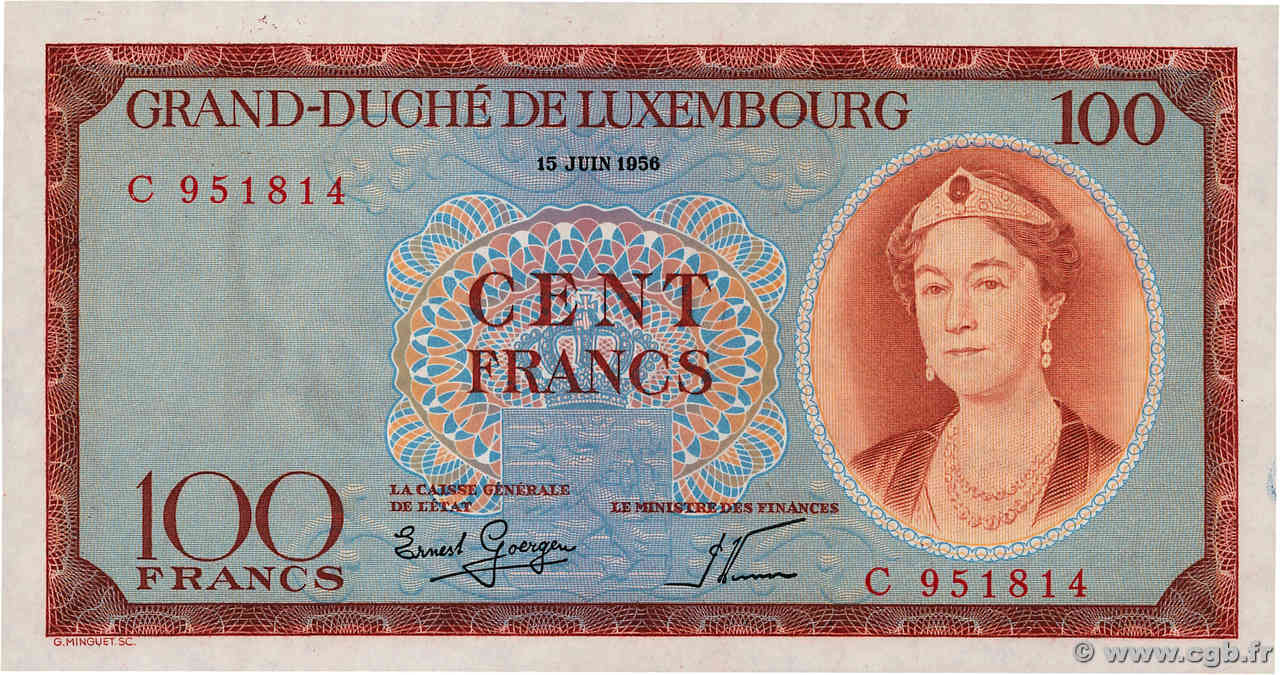100 Francs LUXEMBURGO  1956 P.50a SC+