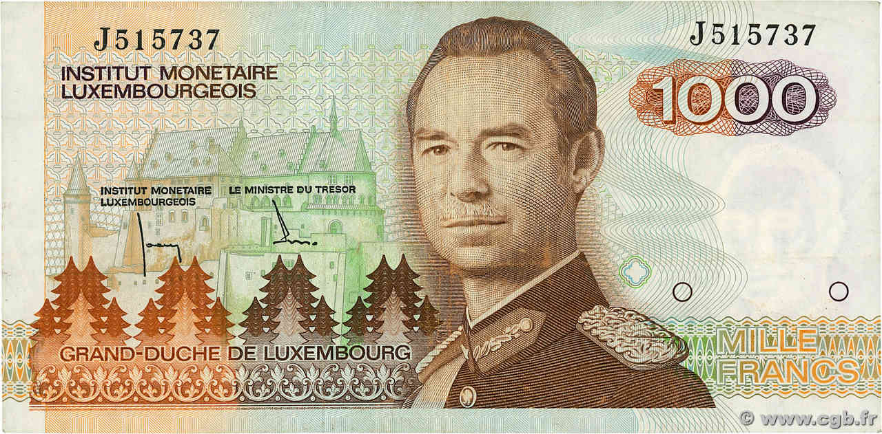 1000 Francs LUXEMBURGO  1985 P.59 MBC+