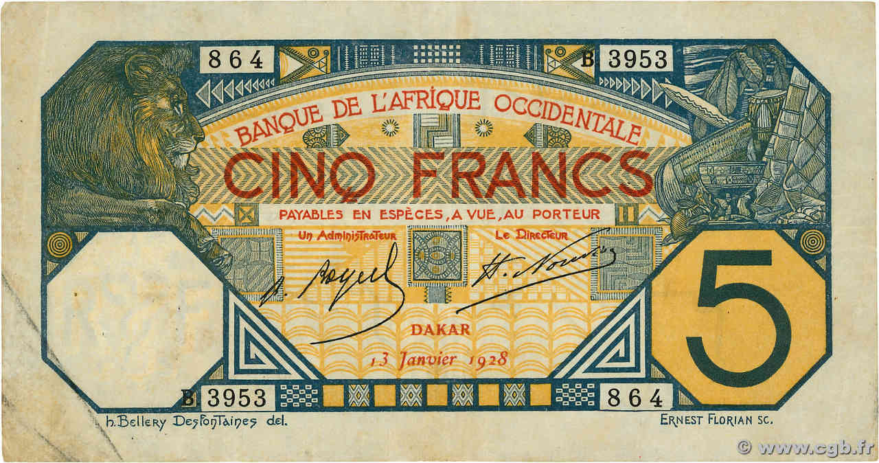 5 Francs DAKAR AFRIQUE OCCIDENTALE FRANÇAISE (1895-1958) Dakar 1928 P.05b TB