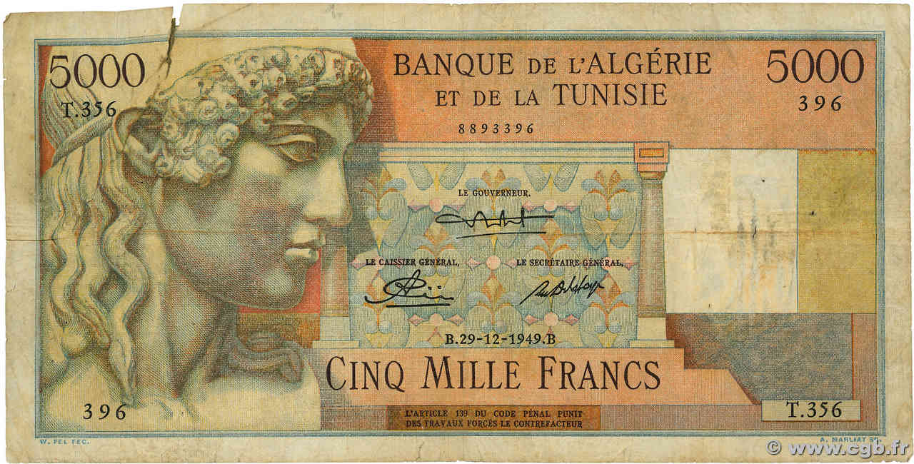 5000 Francs ALGÉRIE  1949 P.109a B