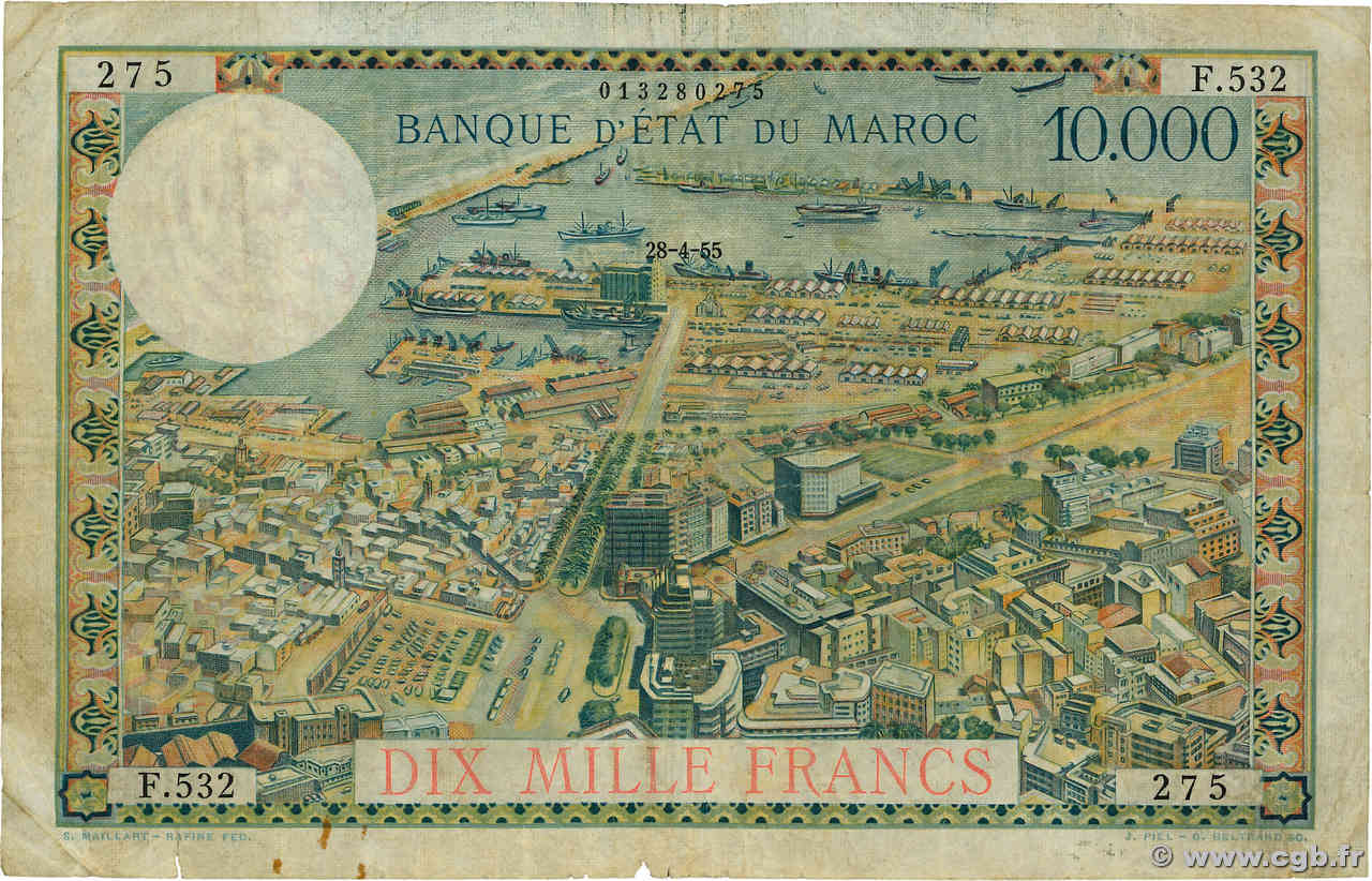 100 Dirhams sur 10000 Francs MAROC  1955 P.52 pr.TB