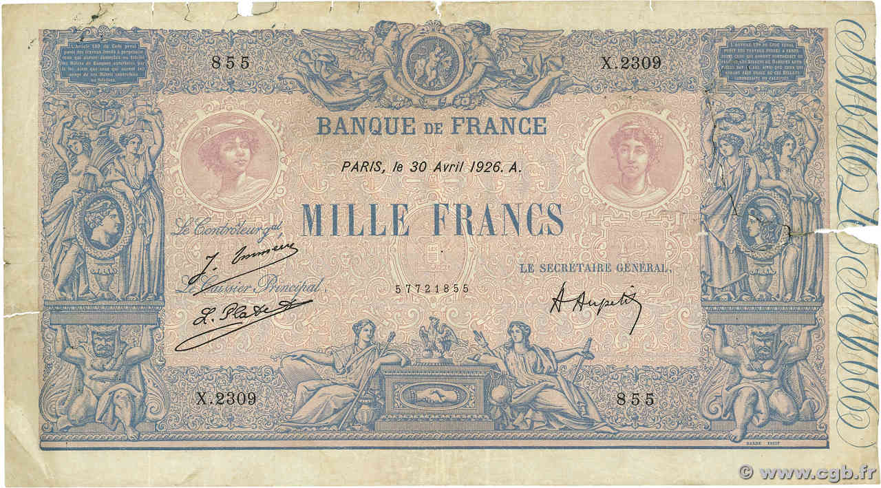 1000 Francs BLEU ET ROSE FRANCE  1926 F.36.42 pr.B
