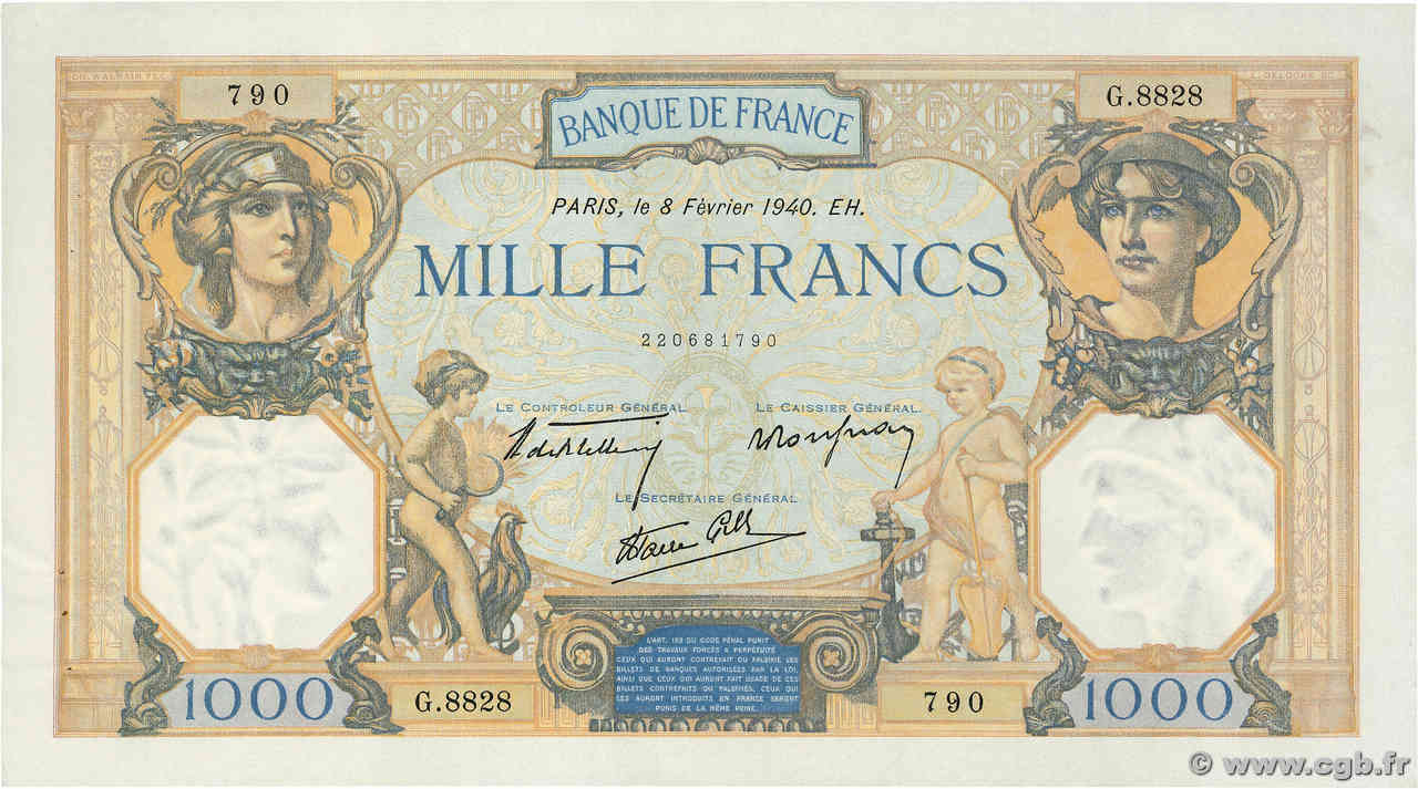 1000 Francs CÉRÈS ET MERCURE type modifié FRANCE  1940 F.38.42 SUP